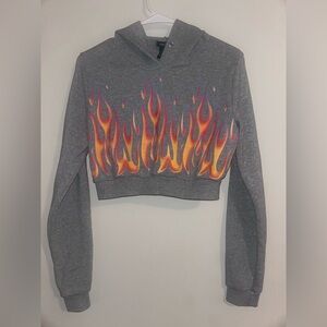 Flame Graphic Cropped Y2K Grunge Hoodie M